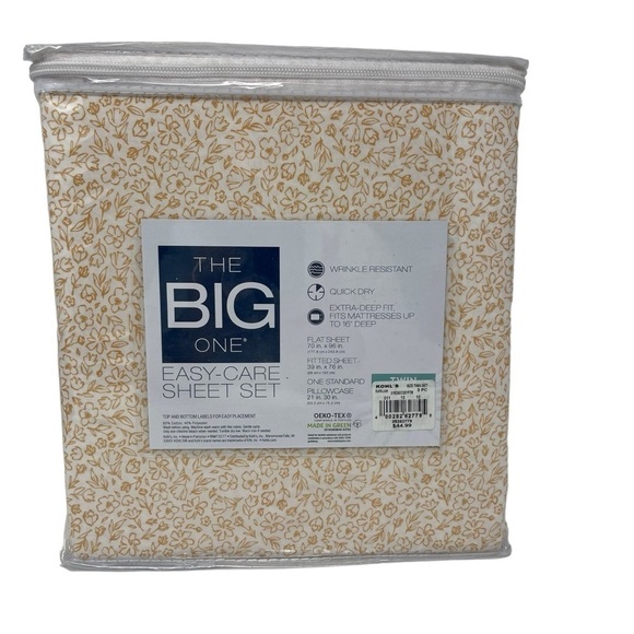 Kohls The Big One Twin Size Sheet set yellow gold floral cotton blend NWT - Picture 3 of 8